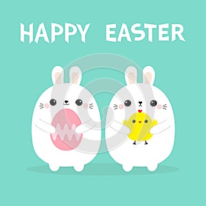 Two bunny holding chicken bird, painting egg set. Happy Easter. Rabbit baby chick friends forever. Farm animal. Cute cartoon