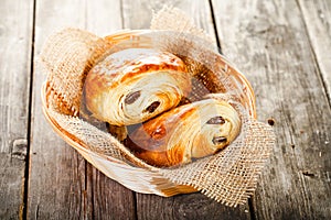 two buns with chocolate in basket