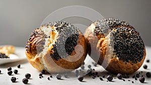 Two buns with poppy seeds close-up on a white background