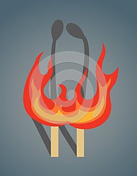 Two burning matches. Flat vector illustration on a gradient background. Cartoon wooden match on fire