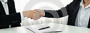 Two business executive shake hand in boardroom for merger and acquisition. Shrewd