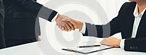 Two business executive shake hand in boardroom for merger and acquisition. Shrewd