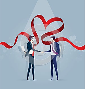 Two Business Man In Mask Shake Hands and Hold Knife. Concept Business Vector
