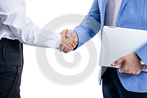 two business man and woman handshaking for successful cooperation isolated on white. business relationship. business