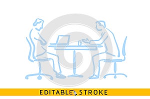 Two business men conversation icon. Line doodle sketch. Editable stroke icon