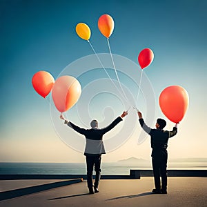 Two business men holding orange helium balloons
