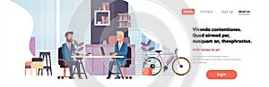 Two business men sitting office desk modern coworking space working together interior background male cartoon character