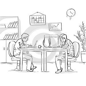 Two Business Men Working Office Interior Sketch