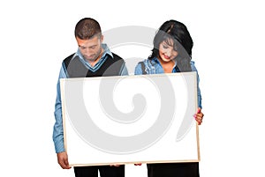 Two business people with cardboard