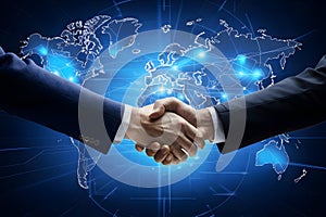 Two business people connect through handshake in front of digital world map, representing global partnerships