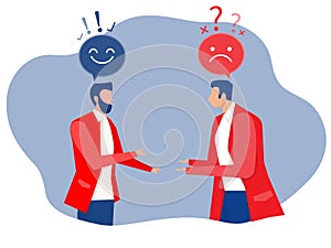 Two business people different thinking between blue plus and red minus signs in speech bubbles. Positive and negative concept