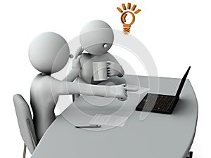 Two business people gathered at a conference table and were talking while looking at a computer screen.