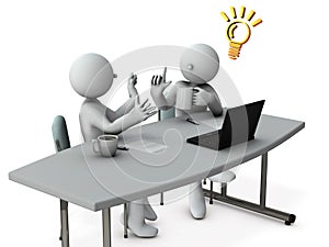 Two business people gathered at a meeting table and talking in front of a computer. Suggestions and inspired ideas.