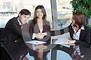 Two business people making a handshake over a deal