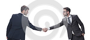 Two business people shaking hands . isolated on white