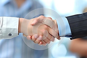 Two business people shaking hands in an office