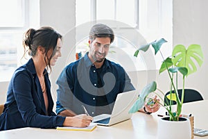 Two business people using laptop computer colleagues working in office sharing ideas