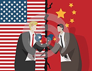 Two business people wearing boxing gloves for fight , flag of USA and China at background. trade war between USA and China concept
