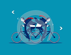 Two Business person riding the same bike in opposite directions. Concept business vector illustration. Flat design style