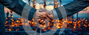 Two business professionals in suits shaking hands against backdrop of blurred cityscape illuminated by warm lights