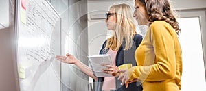 Two business woman discussing in front of the whiteboard