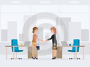 Two business woman are making deal cartoon character. Hands shaking partners.