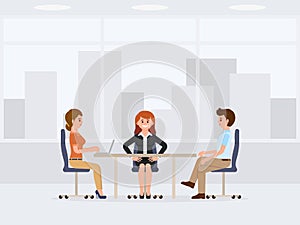 Two business woman and man sitting at the office table cartoon character. Meeting, negotiation, conversation coworkers.
