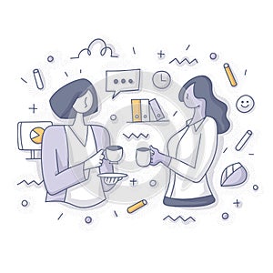 Two Business Women on Coffee Break at Work Concept