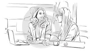 Two business women talking in the office Vector. Storyboard digital template. Sketch style line art