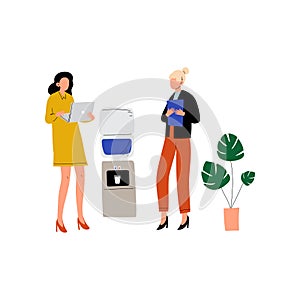 Two Business Women Talking to Each Other While Standing Next to Water Cooler, Office Colleagues Vector Illustration