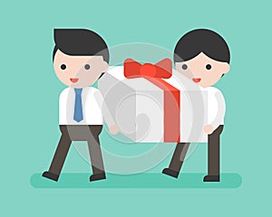 Two Businessman carrying big present box, business situation