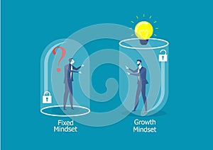 Two businessman different thinking between Fixed Mindset vs Growth Mindset success concept