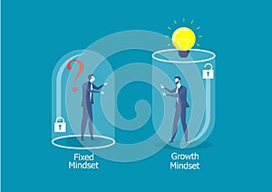 Two businessman different thinking between Fixed Mindset vs Growth Mindset success concept photo