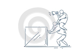 Two businessman holding on shoulders pushing box megaphone on white background sketch doodle