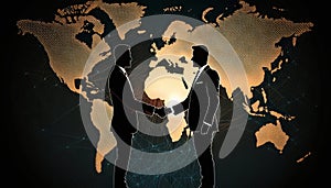 Two businessman investor handshake with effect global world map network link connection. Generative ai