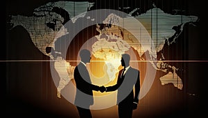 Two businessman investor handshake with effect global world map network link connection. Generative ai