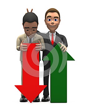 Two businessman with red and green arrow