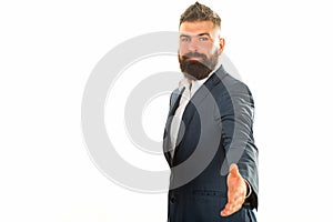 Two businessman shaking hands. Businessman isolated - handsome man with woman standing on white background. Business