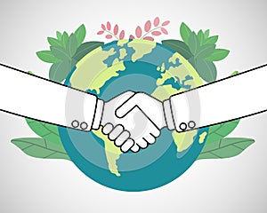 Two businessman shaking hands on green world icon