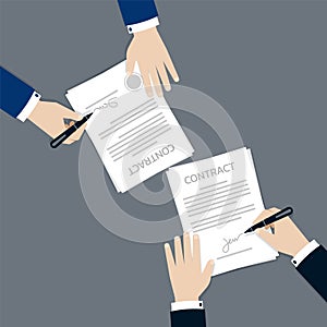 Two Businessman signing and Stamped on the contract agreement form document, Business Partnership concept, Vector Illustration in