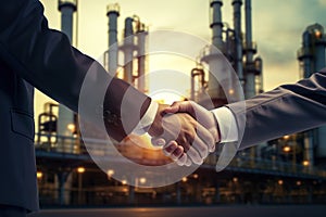 two businessman standing handshake on outdoors with oil and gas refinery plant petrochemical industry