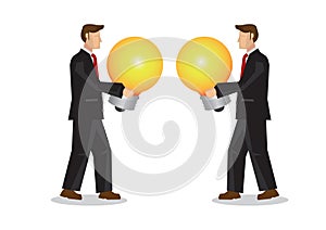 Two businessman trying to exchange their light bulbs. Concept of exchanging of ideas