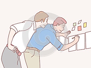 two businessman writing assignments creative ideas on sticky notes simple korean style illustration