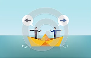 Two businessmen arguing concept on paper boat vector illustration