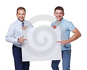 Two businessmen carry and show blank advertising board, isolated