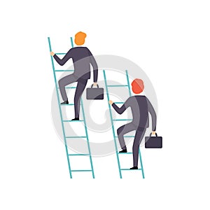 Two Businessmen Climbing on Ladder to Success, Business Competition, Rivalry Between Colleagues, Office Workers