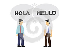 Two businessmen communicate in different languages. Concept of international business or corporate collaboration. English and