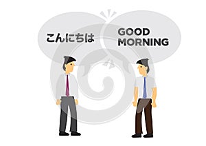 Two businessmen communicate in different languages. Concept of international business or corporate collaboration. English and