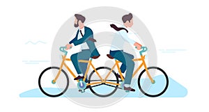 Two businessmen cycling in opposite directions. Different path. Conflict in office team. People riding bikes. Dispute