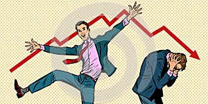 Two businessmen. different emotions bankruptcy stock market crash